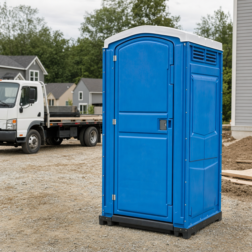 Delivery driver positioning a clean royal-blue portable toilet on level ground at a Las Vegas worksite