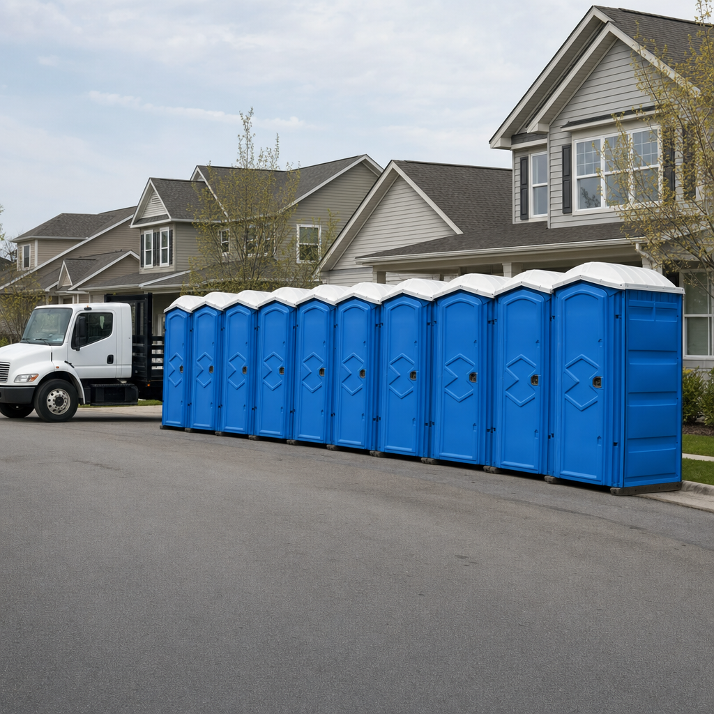 Royal blue portable toilets staged in a tidy row at a Las Vegas jobsite, ready for delivery